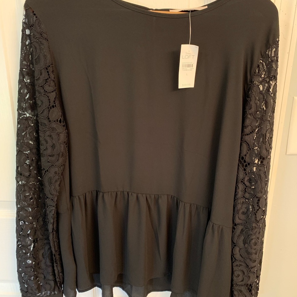 LOFT women’s black blouse with lace sleeves
